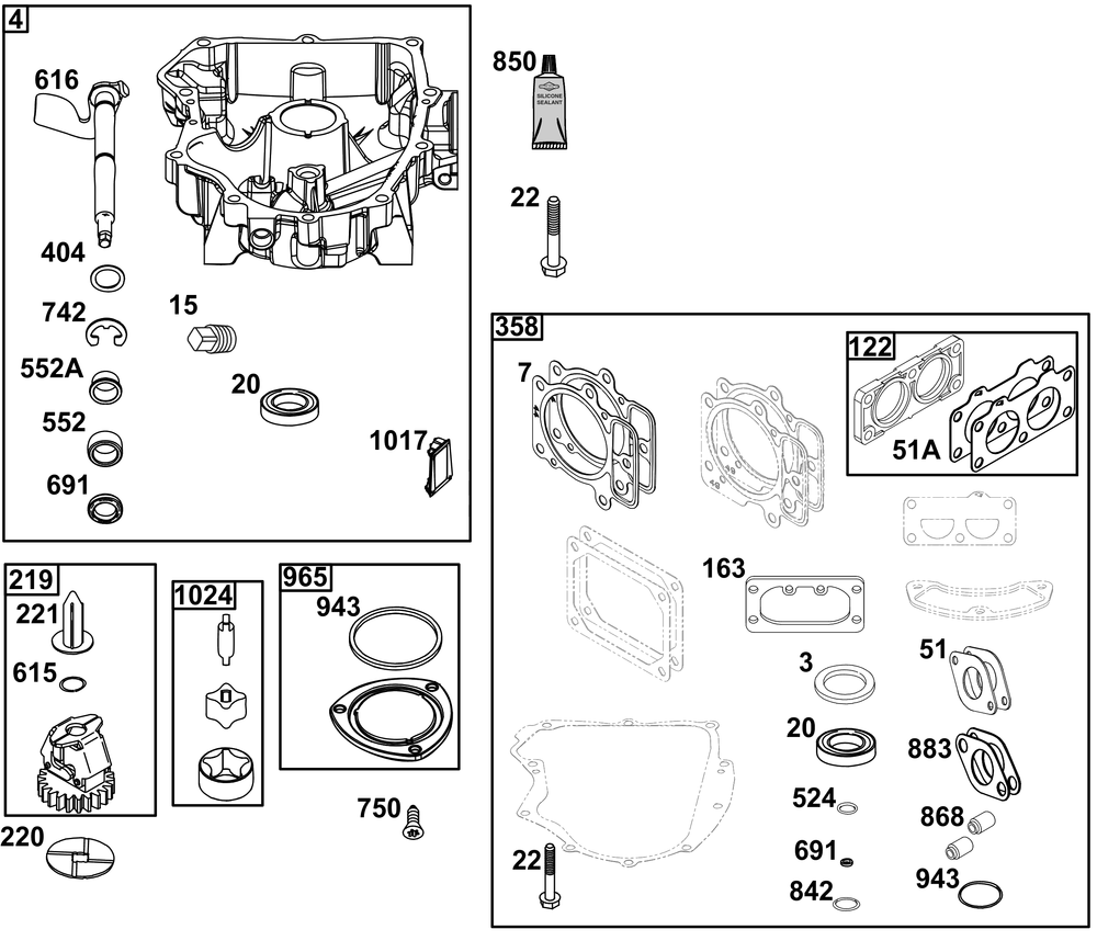 Crankcase Cover/Sump Group Diagram and Parts List for 44T977-0042-G1 400000 - 699999 Briggs and Stratton Engine